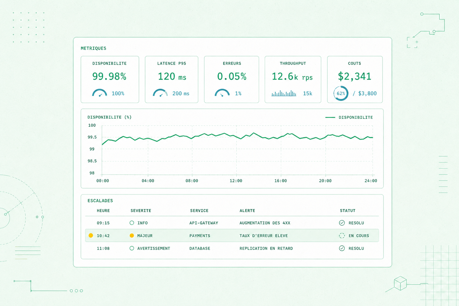 Tableau de bord de supervision d'un agent : indicateurs de disponibilité, latence, taux d'erreur, débit et coûts, courbe de disponibilité et liste des escalades avec une alerte mise en évidence.